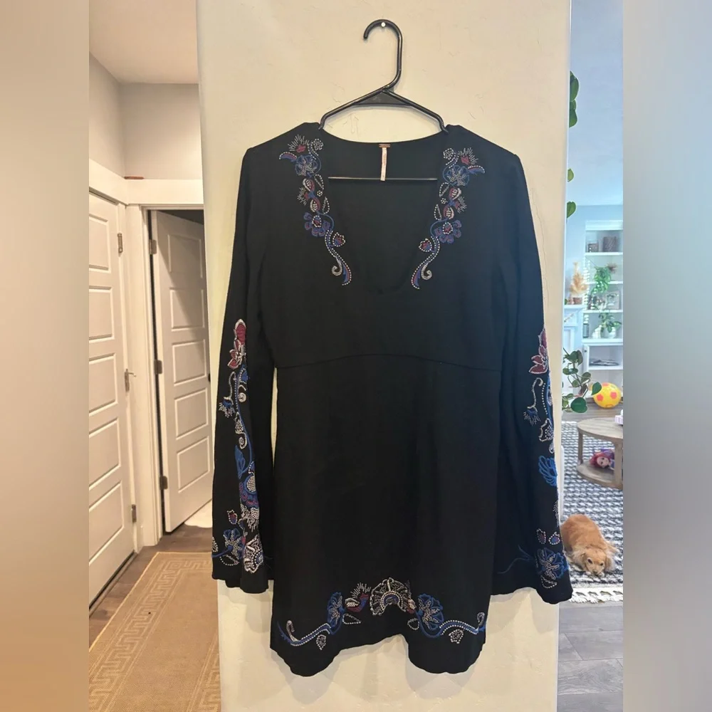 Free People Holiday Folk Embroidered Long Bell Sleeve Micro Mini Dress - Picture 2 of 3